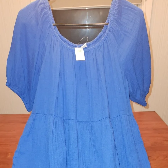 Puff-Sleeve Tiered Mini Swing Dress Old Navy Saphire Blue NWT L - Picture 2 of 8